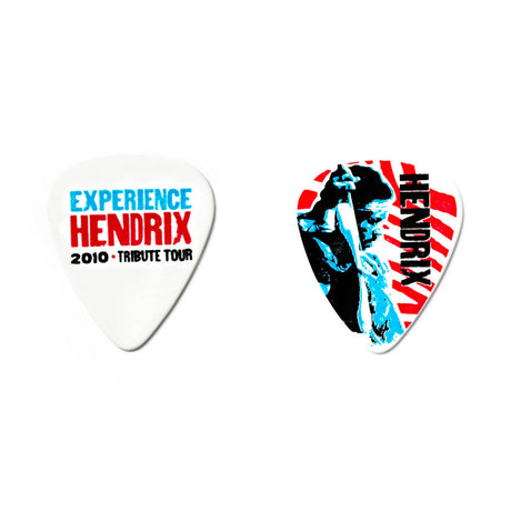 Two guitar picks with 'Experience Hendrix' and 'Hendrix' designs on a white background