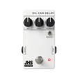 The image shows the "Oil Can Delay" guitar effects pedal from JHS Pedals' 3 Series. It features three knobs (MIX, SPEED, FEEDBACK), a MOD +/- switch for modulation, input/output jacks, a footswitch, and a red LED. Housed in clean white with black text, it emulates vintage oil can delay sounds, offering warm, echoing delay tones inspired by 1960s-70s echo devices.
