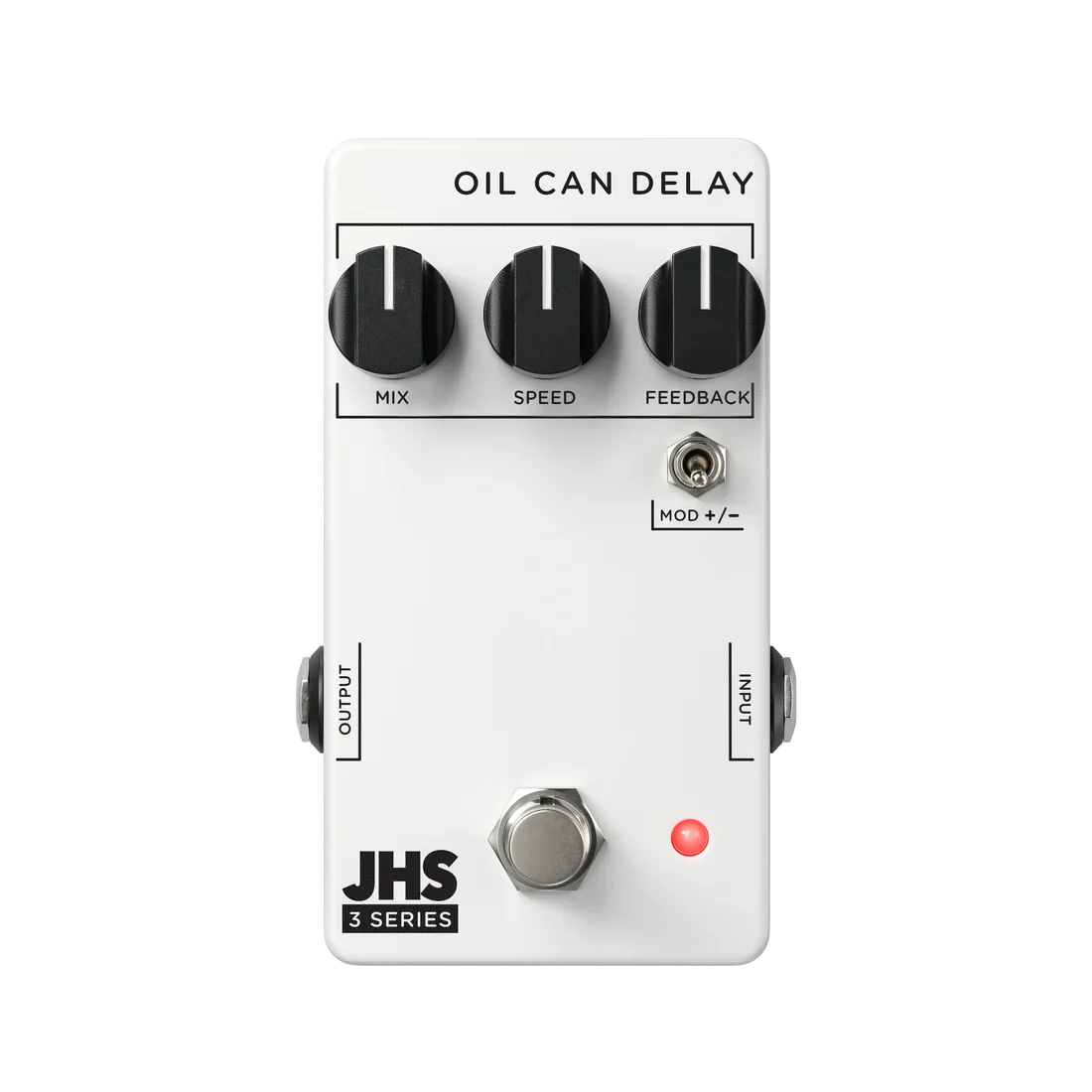 The image shows the "Oil Can Delay" guitar effects pedal from JHS Pedals' 3 Series. It features three knobs (MIX, SPEED, FEEDBACK), a MOD +/- switch for modulation, input/output jacks, a footswitch, and a red LED. Housed in clean white with black text, it emulates vintage oil can delay sounds, offering warm, echoing delay tones inspired by 1960s-70s echo devices.