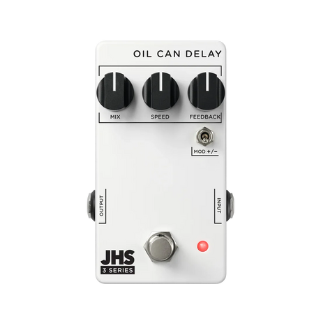 The image shows the "Oil Can Delay" guitar effects pedal from JHS Pedals' 3 Series. It features three knobs (MIX, SPEED, FEEDBACK), a MOD +/- switch for modulation, input/output jacks, a footswitch, and a red LED. Housed in clean white with black text, it emulates vintage oil can delay sounds, offering warm, echoing delay tones inspired by 1960s-70s echo devices.
