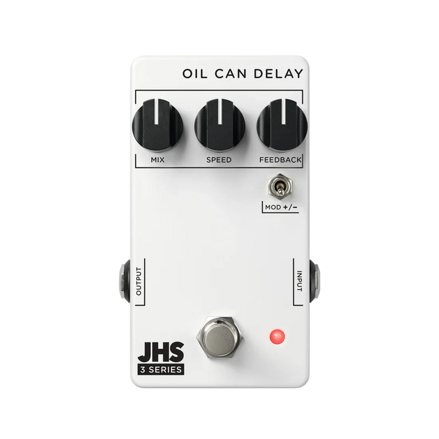 The image shows the "Oil Can Delay" guitar effects pedal from JHS Pedals' 3 Series. It features three knobs (MIX, SPEED, FEEDBACK), a MOD +/- switch for modulation, input/output jacks, a footswitch, and a red LED. Housed in clean white with black text, it emulates vintage oil can delay sounds, offering warm, echoing delay tones inspired by 1960s-70s echo devices.