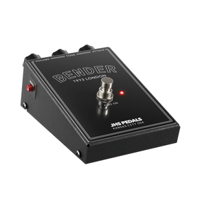 The image shows a black JHS Pedals "BENDER 1973 LONDON" guitar effects pedal with a matte finish and white lettering. It features three knobs labeled "VOLUME," "TONE," and "ATTACK," a central footswitch, a red LED indicator, and a left-side toggle switch labeled "MODE." Designed to emulate classic 1970s British rock fuzz or distortion tones, it has a vintage-inspired, compact stompbox design made in Kansas City, USA.