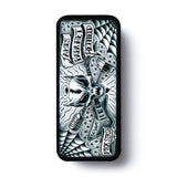 Pick tin with black and white skull and guitar artwork on the top. The tin is on a white background