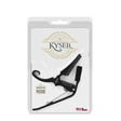 The image shows a Kyser Quick-Change Guitar Capo in its retail blister packaging. It features a curved black spring-loaded body with metal parts and the classic Kyser one-handed quick-change design. The packaging displays the Kyser logo, "Guaranteed for Life" branding, "Simulates Drop-D Guitar Tuning," and an American flag indicating it is made in the USA.