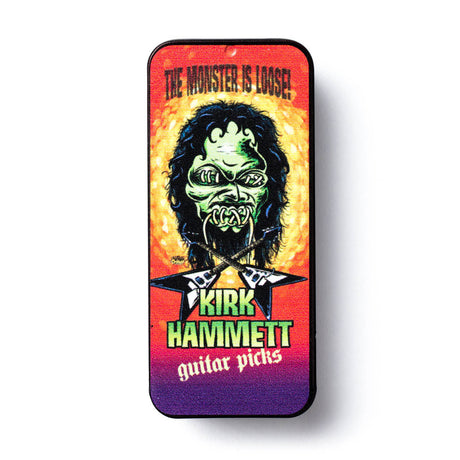 Kirk Hammett pick tin with monster artwork on a white background