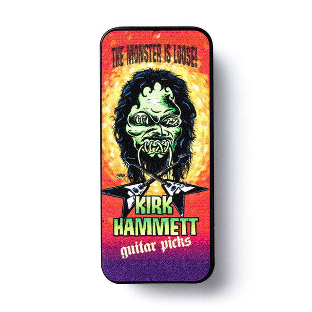 Kirk Hammett pick tin with monster artwork on a white background