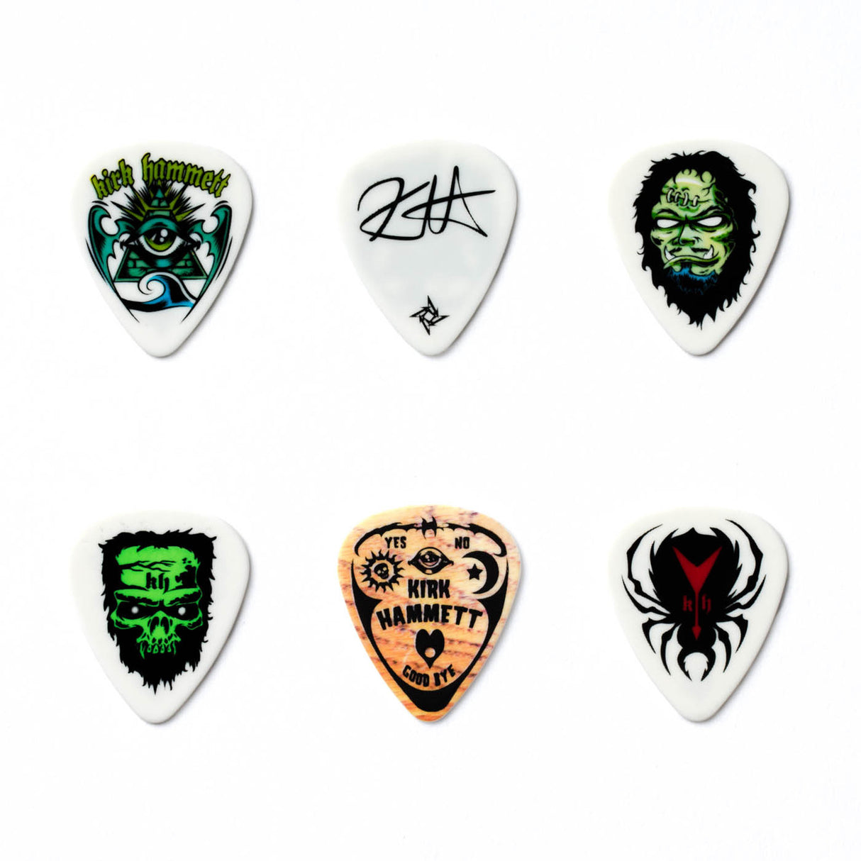 Set of six guitar picks with unique designs on a white background