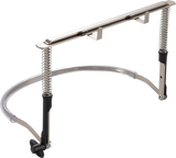 The image shows a professional-grade metal music stand with black accents. It features a flat ledge for sheet music, two spring-loaded arms to secure pages, a curved support arm, an adjustable telescoping height mechanism, and a tripod base for stability. Designed for musicians, it holds sheet music securely at optimal reading height, making it suitable for various performance settings.