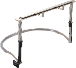 The image shows a professional-grade metal music stand with black accents. It features a flat ledge for sheet music, two spring-loaded arms to secure pages, a curved support arm, an adjustable telescoping height mechanism, and a tripod base for stability. Designed for musicians, it holds sheet music securely at optimal reading height, making it suitable for various performance settings.