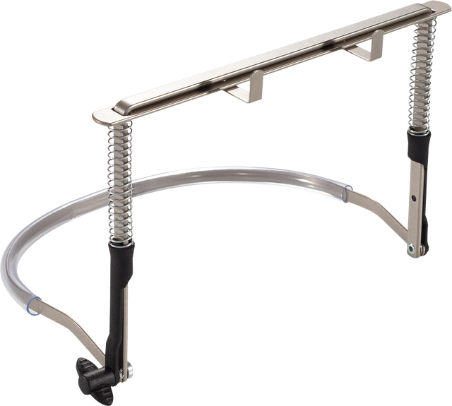 The image shows a professional-grade metal music stand with black accents. It features a flat ledge for sheet music, two spring-loaded arms to secure pages, a curved support arm, an adjustable telescoping height mechanism, and a tripod base for stability. Designed for musicians, it holds sheet music securely at optimal reading height, making it suitable for various performance settings.