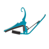A teal Kyser guitar capo on a white background