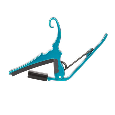 A teal Kyser guitar capo on a white background