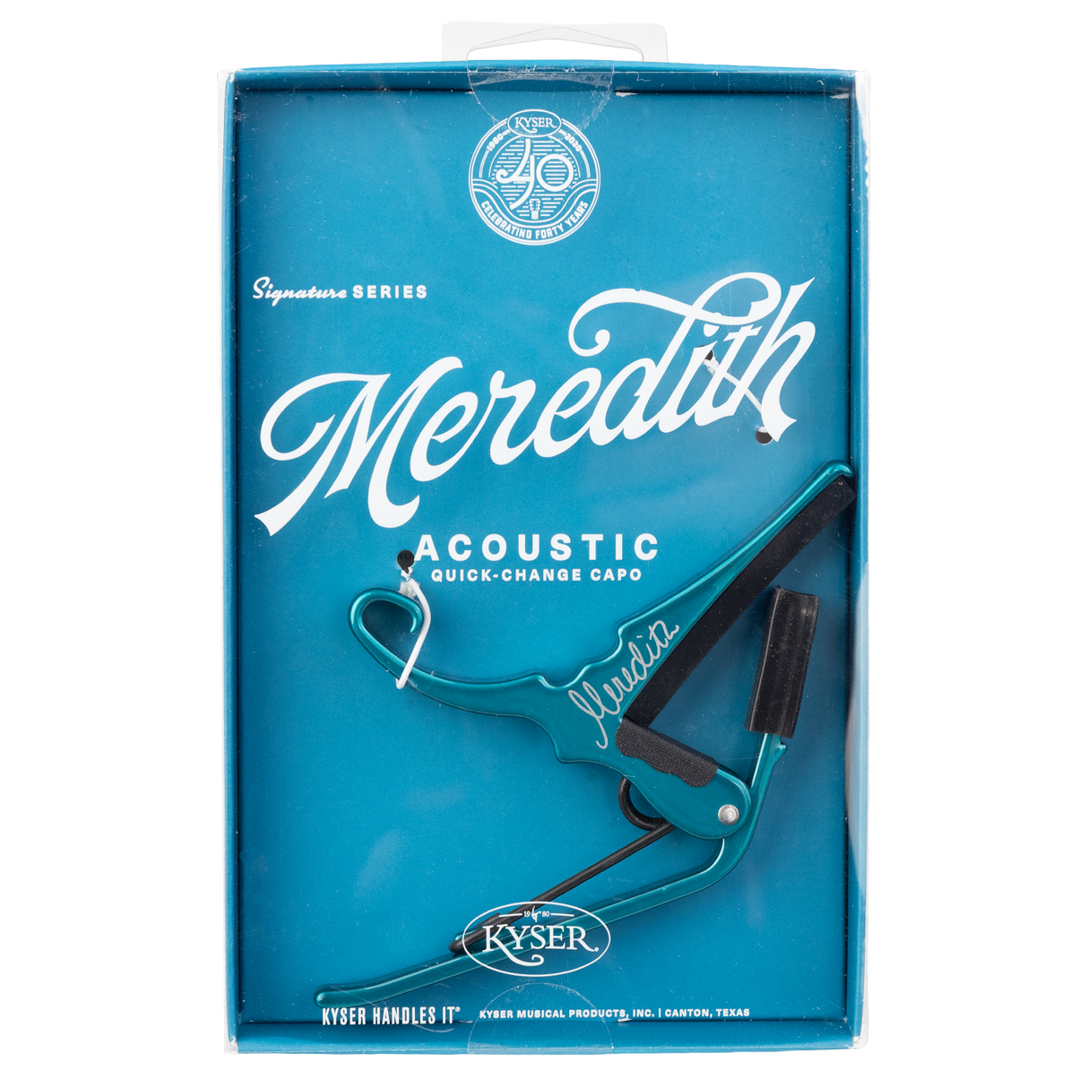 Blue Kyser Meredith guitar capo box with capo visible inside