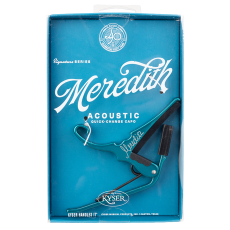 Blue Kyser Meredith guitar capo box with capo visible inside