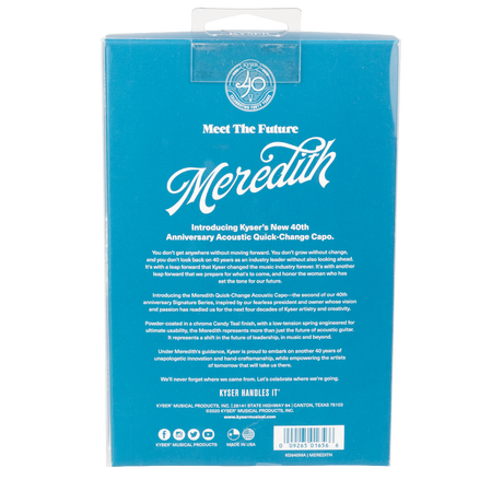 Blue Meredith Kyser guitar capo box with written product details