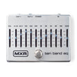 The image shows an MXR Ten Band EQ pedal with 10 frequency sliders (31.25 Hz to 16 kHz), volume and gain controls, and sliders ranging from -12 to +12 dB. It has input and two output jacks, a central power connection, a footswitch, and a silver finish with a black MXR logo. Used by guitarists to shape tone, boost/cut frequencies, and fine-tune sound on pedalboards.