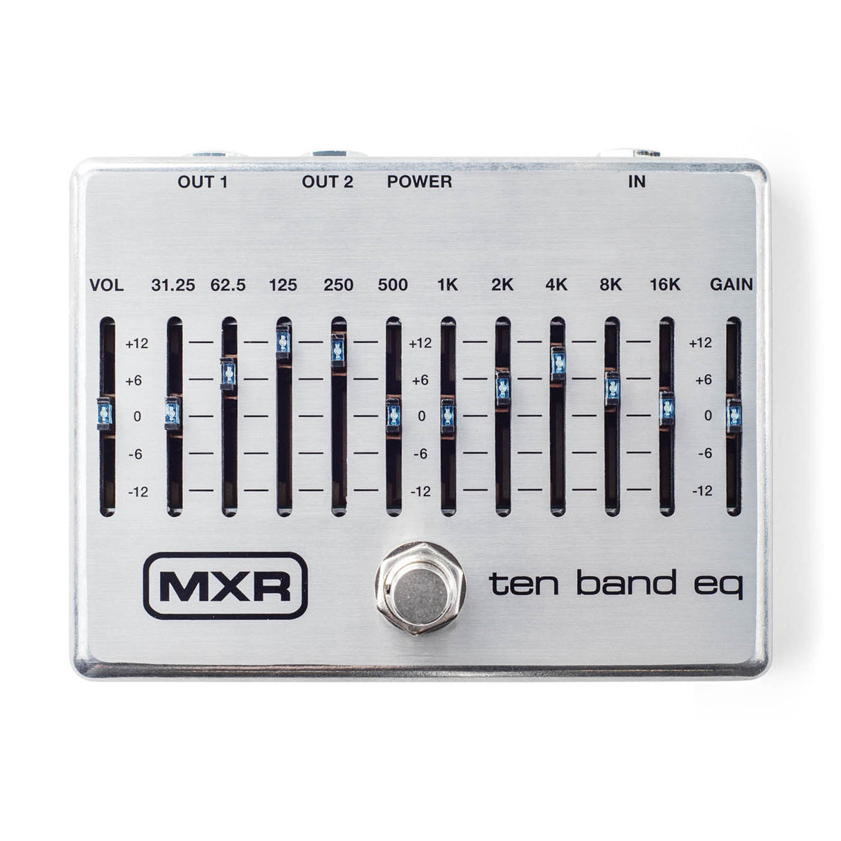 The image shows an MXR Ten Band EQ pedal with 10 frequency sliders (31.25 Hz to 16 kHz), volume and gain controls, and sliders ranging from -12 to +12 dB. It has input and two output jacks, a central power connection, a footswitch, and a silver finish with a black MXR logo. Used by guitarists to shape tone, boost/cut frequencies, and fine-tune sound on pedalboards.