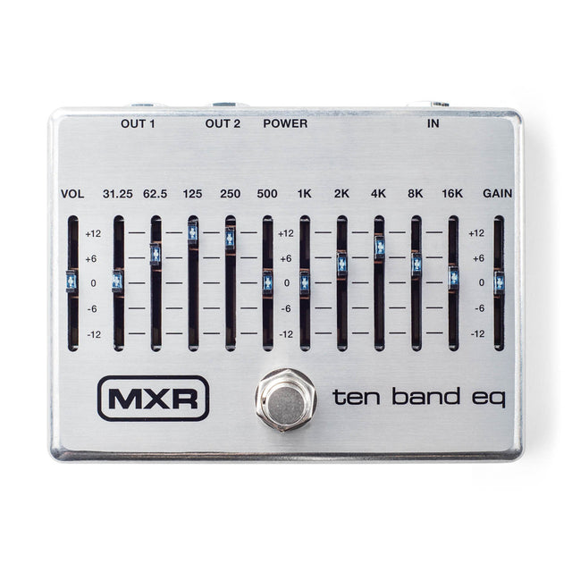 The image shows an MXR Ten Band EQ pedal with 10 frequency sliders (31.25 Hz to 16 kHz), volume and gain controls, and sliders ranging from -12 to +12 dB. It has input and two output jacks, a central power connection, a footswitch, and a silver finish with a black MXR logo. Used by guitarists to shape tone, boost/cut frequencies, and fine-tune sound on pedalboards.