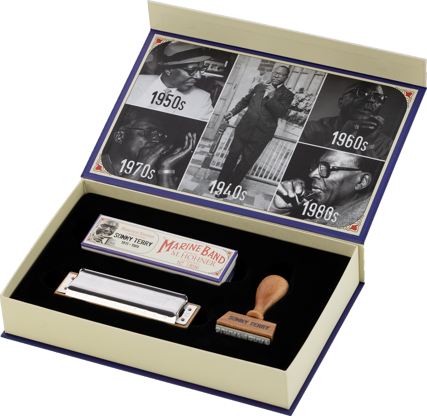 The image shows a commemorative set featuring a Hohner Marine Band harmonica, its original packaging, and a wooden stamp engraved with "SONNY TERRY." The elegant box lid displays vintage black-and-white photos from the 1940s to 1980s, documenting the history of blues music. This special edition honors blues harmonica legend Sonny Terry, combining a classic instrument with historical imagery for collectors.