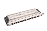 The image shows a chromatic harmonica, the "Super 64 Performance" model, with a sleek silver finish. It features "SUPER 64 Performance," "Made in Germany," and "Matthias Hohner" branding on the top cover, numbered holes 1-12, blow holes on the front, and a button-activated slide on the right. The professional metal comb and covers highlight its high-quality craftsmanship, designed for full chromatic range and advanced musical use.