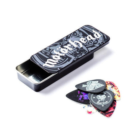 Motorhead pick tin with pick assortment on a white background