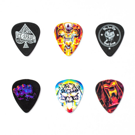 Set of six colorful guitar picks with various designs on a white background