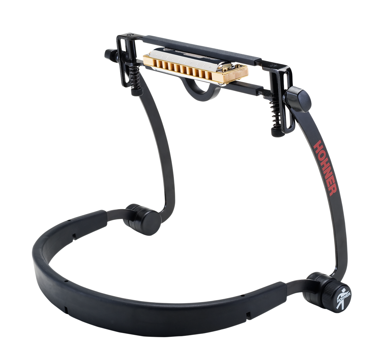 The image shows a Hohner harmonica holder, a hands-free musical accessory featuring a black metal frame with adjustable joints, a diatonic harmonica, and a neck strap. Designed for musicians to play harmonica while playing other instruments, it allows optimal positioning for comfort and ease. Common in folk, blues, and rock, this professional-quality holder enables simultaneous play without using hands.