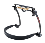 The image shows a Hohner harmonica holder, a hands-free musical accessory featuring a black metal frame with adjustable joints, a diatonic harmonica, and a neck strap. Designed for musicians to play harmonica while playing other instruments, it allows optimal positioning for comfort and ease. Common in folk, blues, and rock, this professional-quality holder enables simultaneous play without using hands.