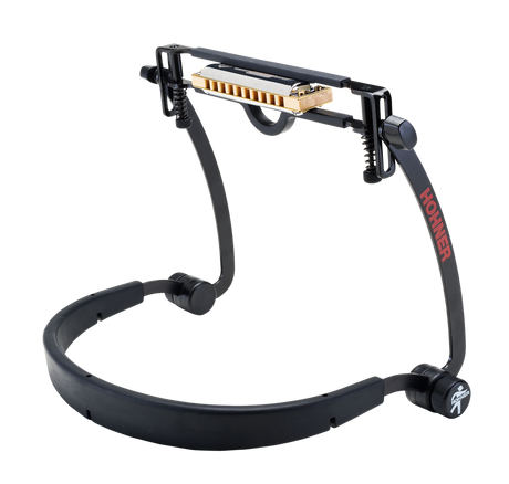 The image shows a Hohner harmonica holder, a hands-free musical accessory featuring a black metal frame with adjustable joints, a diatonic harmonica, and a neck strap. Designed for musicians to play harmonica while playing other instruments, it allows optimal positioning for comfort and ease. Common in folk, blues, and rock, this professional-quality holder enables simultaneous play without using hands.