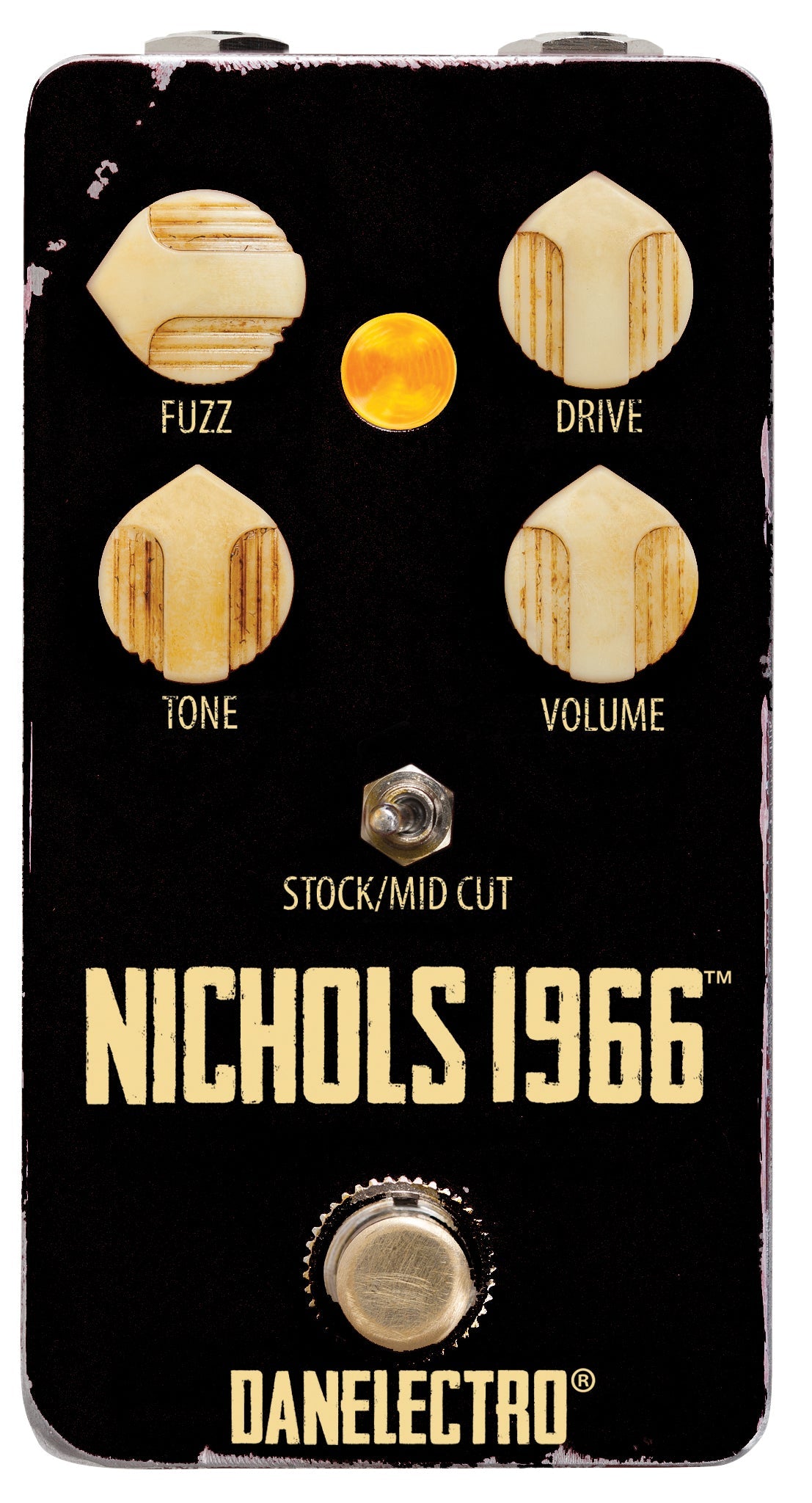 The image shows a Danelectro "Nichols 1966" guitar effects pedal. This compact black pedal has a vintage 1960s design and features four cream-colored knobs labeled Fuzz, Drive, Tone, and Volume. It includes a toggle switch for "Stock/Mid Cut" tonal options and a footswitch at the bottom. The worn finish adds to its retro look. The pedal recreates classic 60s fuzz and overdrive tones, ideal for vintage-style guitar sounds.
