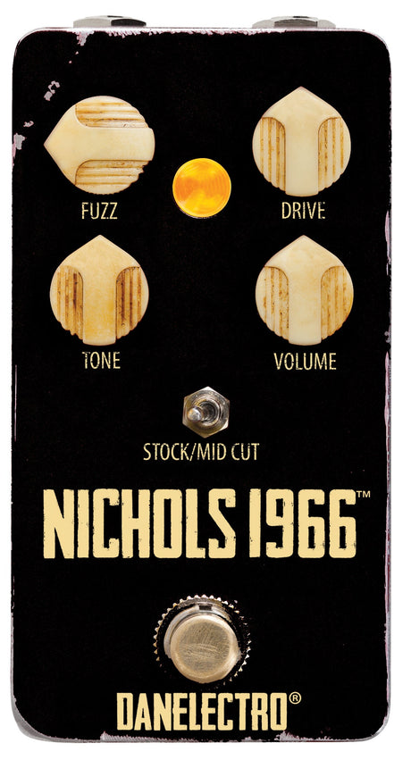 The image shows a Danelectro "Nichols 1966" guitar effects pedal. This compact black pedal has a vintage 1960s design and features four cream-colored knobs labeled Fuzz, Drive, Tone, and Volume. It includes a toggle switch for "Stock/Mid Cut" tonal options and a footswitch at the bottom. The worn finish adds to its retro look. The pedal recreates classic 60s fuzz and overdrive tones, ideal for vintage-style guitar sounds.