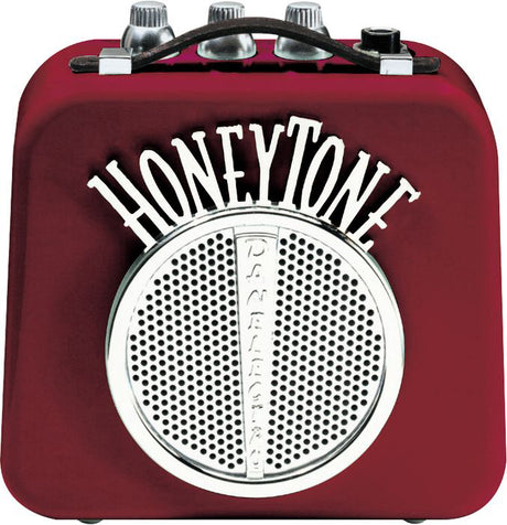 The image shows a Danelectro Honeytone mini guitar amplifier in burgundy. It features the "HONEYTONE" branding above a circular speaker grille with the Danelectro logo. On top are control knobs and a headphone jack. This compact, battery-powered amp is popular for quiet, portable practice and delivers surprisingly big, vintage-inspired sound.