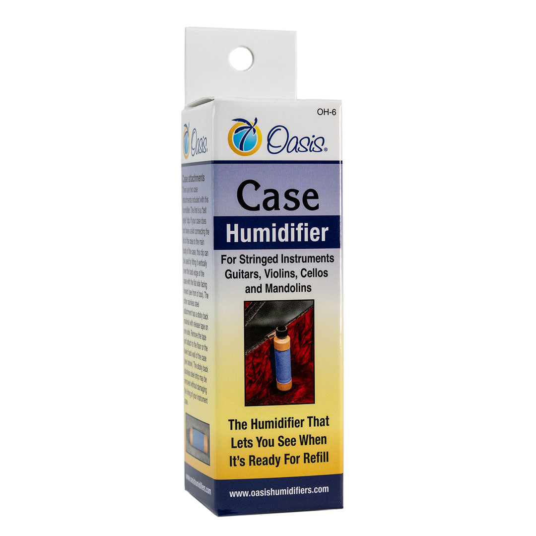 The image shows an Oasis OH-6 Case Humidifier for string instruments like guitars, violins, cellos, and mandolins. It features a clear visual indicator for easy refills, helping maintain proper humidity to prevent wood cracking, warping, finish damage, and sound issues. Designed to sit inside the instrument case, it protects instruments especially in dry conditions or winter when indoor humidity is low.