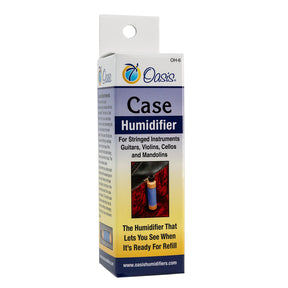 The image shows an Oasis OH-6 Case Humidifier for string instruments like guitars, violins, cellos, and mandolins. It features a clear visual indicator for easy refills, helping maintain proper humidity to prevent wood cracking, warping, finish damage, and sound issues. Designed to sit inside the instrument case, it protects instruments especially in dry conditions or winter when indoor humidity is low.
