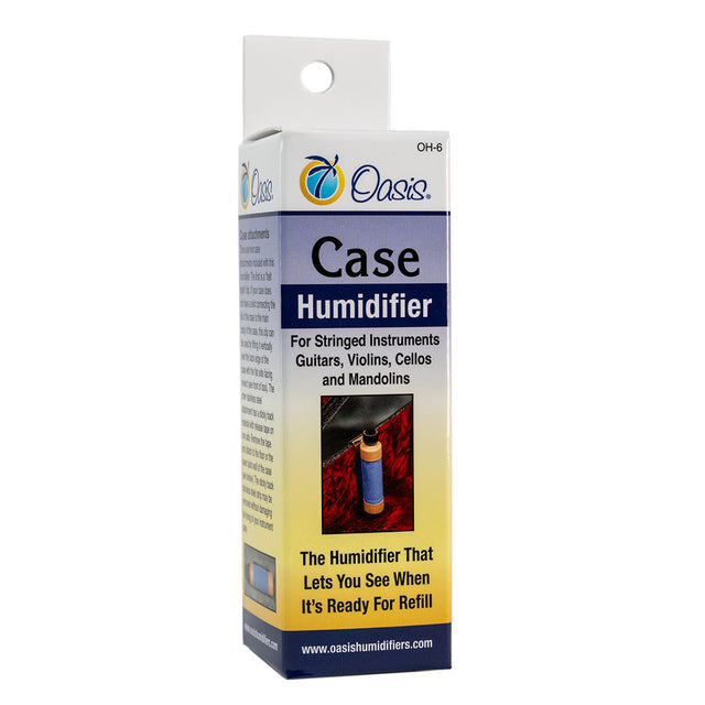 The image shows an Oasis OH-6 Case Humidifier for string instruments like guitars, violins, cellos, and mandolins. It features a clear visual indicator for easy refills, helping maintain proper humidity to prevent wood cracking, warping, finish damage, and sound issues. Designed to sit inside the instrument case, it protects instruments especially in dry conditions or winter when indoor humidity is low.