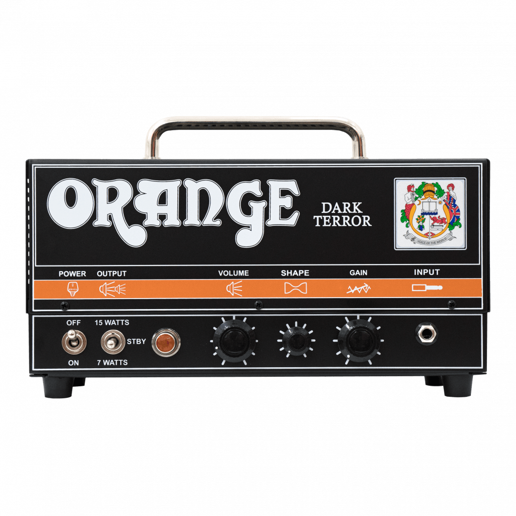 The image shows an Orange Dark Terror guitar amplifier head, a compact, low-wattage tube amp with switchable 7W/15W power, volume, shape, and gain controls, a standby switch, and an input jack. Featuring classic Orange styling with a black chassis and orange logo, it delivers high-gain, warm British tones ideal for recording and small venues.