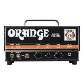 The image shows an Orange Dark Terror guitar amplifier head, a compact, low-wattage tube amp with switchable 7W/15W power, volume, shape, and gain controls, a standby switch, and an input jack. Featuring classic Orange styling with a black chassis and orange logo, it delivers high-gain, warm British tones ideal for recording and small venues.
