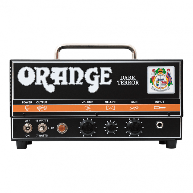 The image shows an Orange Dark Terror guitar amplifier head, a compact, low-wattage tube amp with switchable 7W/15W power, volume, shape, and gain controls, a standby switch, and an input jack. Featuring classic Orange styling with a black chassis and orange logo, it delivers high-gain, warm British tones ideal for recording and small venues.