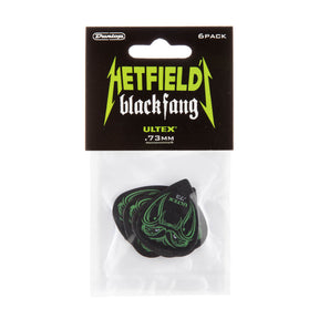 Packaged guitar picks with 'Hetfield Black Fang' branding on a white background