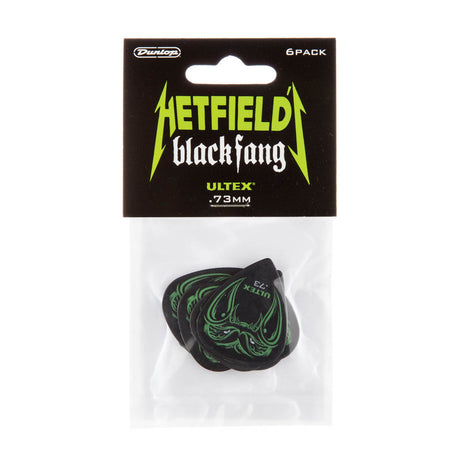 Packaged guitar picks with 'Hetfield Black Fang' branding on a white background