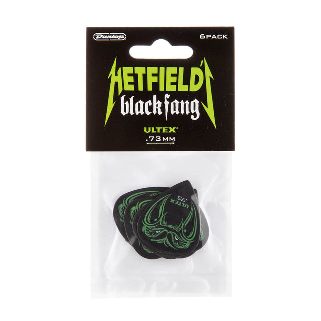 Packaged guitar picks with 'Hetfield Black Fang' branding on a white background