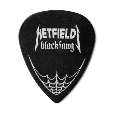 Black guitar pick with 'Hetfield Black Fang' text on a white background