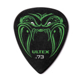 Guitar pick with green snake design and 'Ultex' branding on a black background