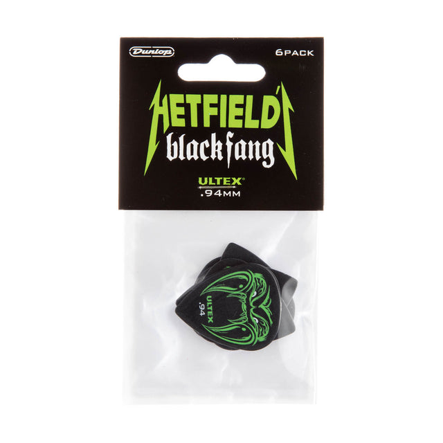 Pack of guitar picks with Hetfield Black Fang branding on a white background