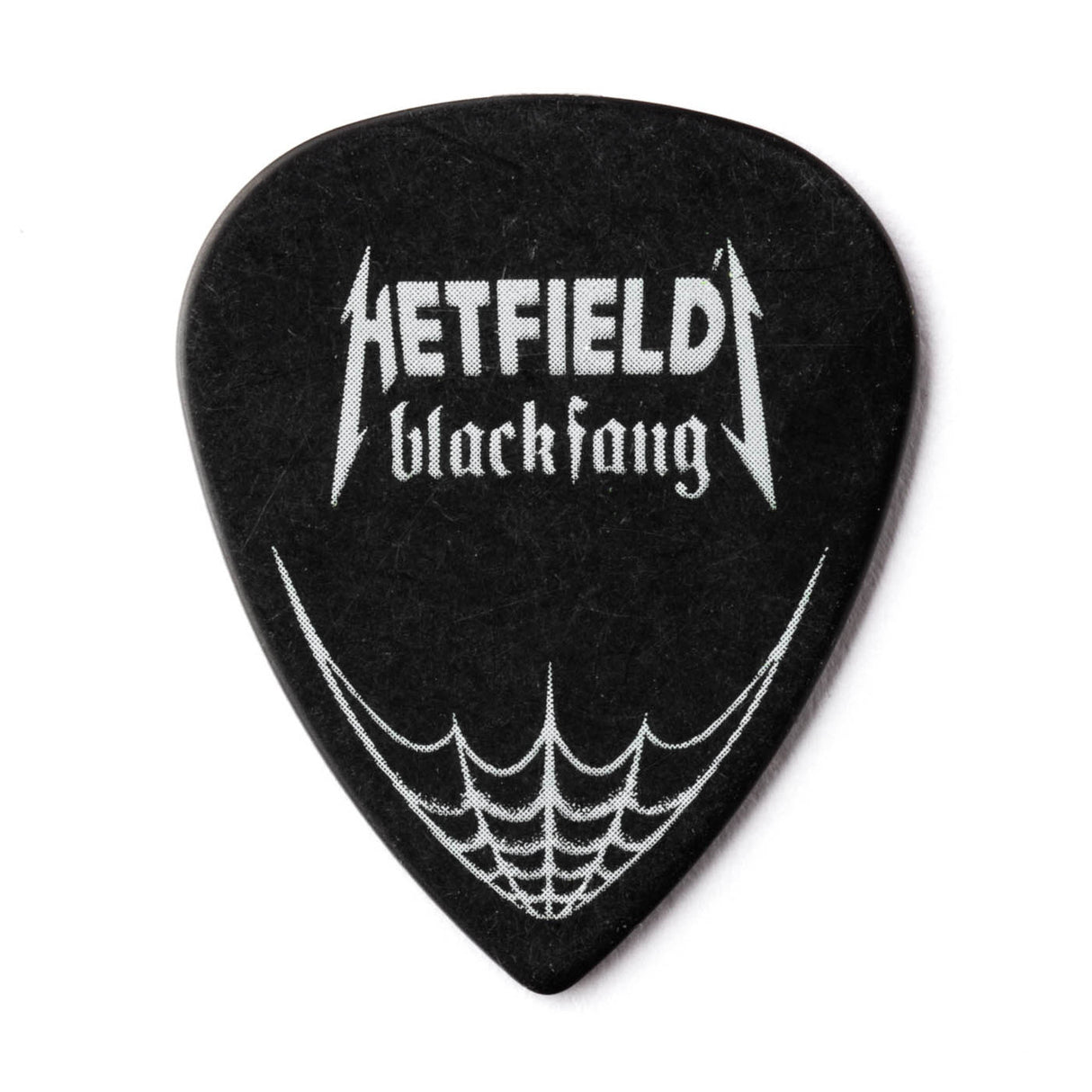 Black guitar pick with white text and design on a white background