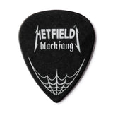 Black guitar pick with white text and design on a white background
