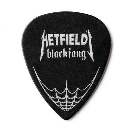 Black guitar pick with white text and design on a white background