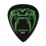 Guitar pick with green dragon design and 'Ultex' branding on a black background