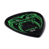 Guitar pick with green dragon design and 'Ultex' branding on a white background