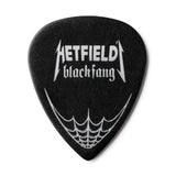 Black guitar pick with 'Hetfield' and 'black fang' text on a white background